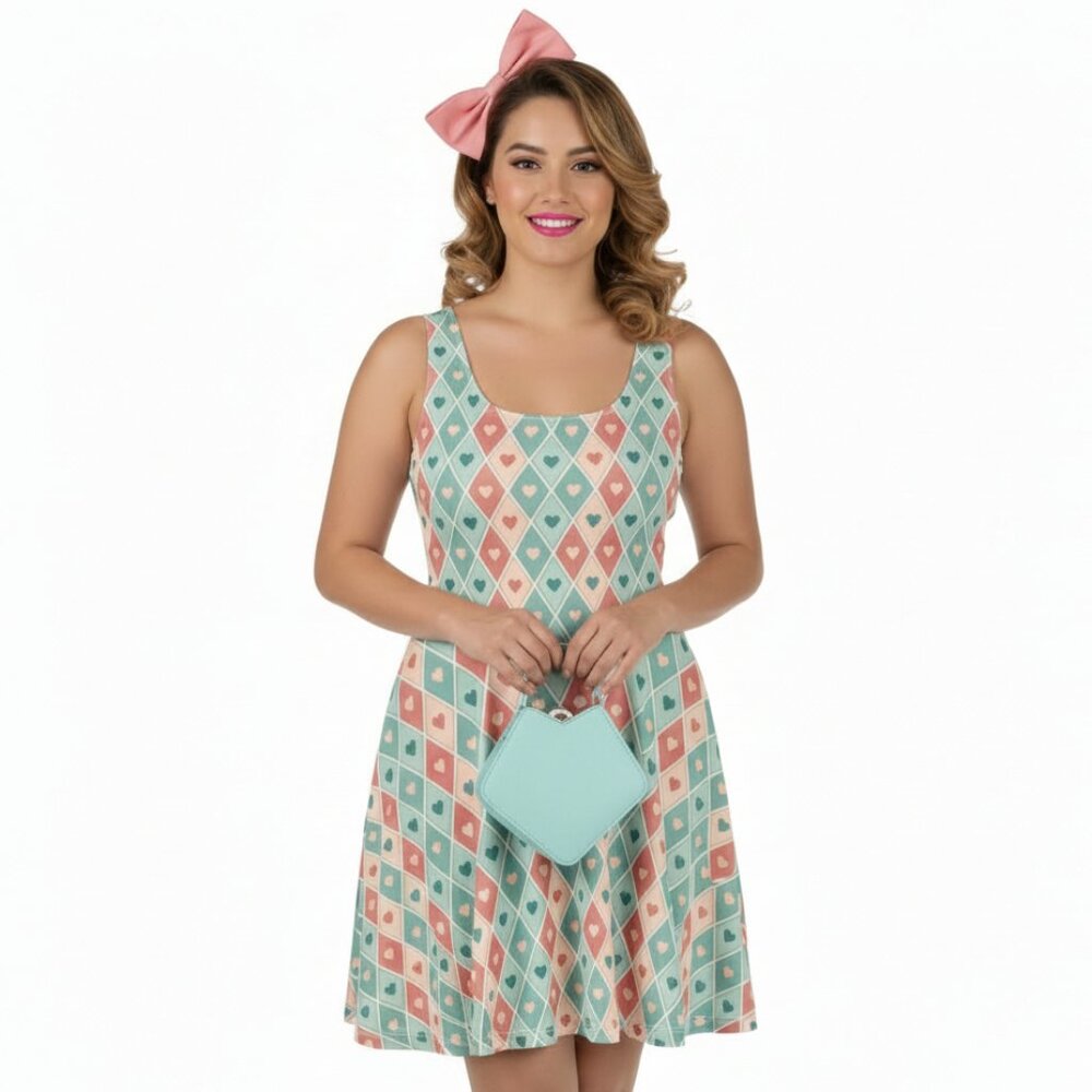 Vintage Pinup Heart Fit & Flare Dress Valentine's Day A-Line Swing - Picture 9 of 14